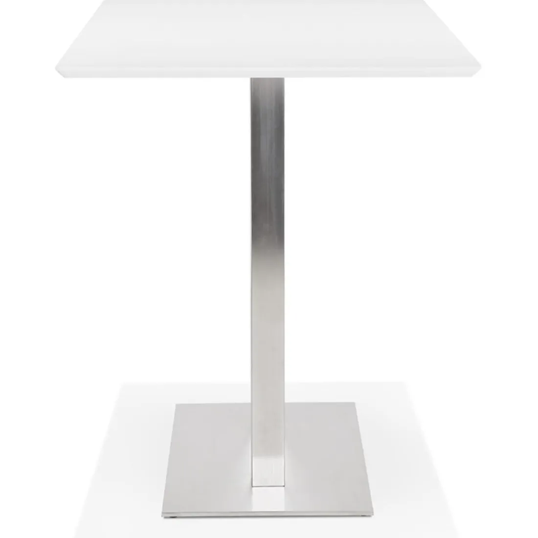Table haute design blanche avec pied en métal brossé