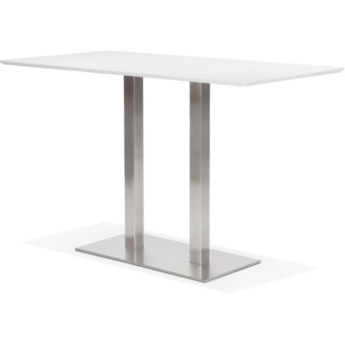Table haute design blanche avec pied en métal brossé
