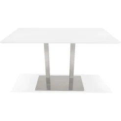 Table haute design blanche avec pied en métal brossé