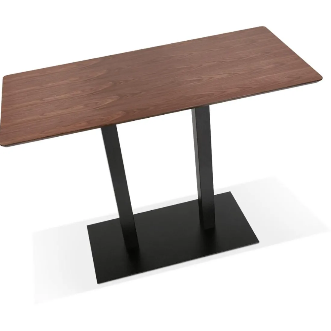 Table haute design en bois finition Noyer avec pied en métal noir