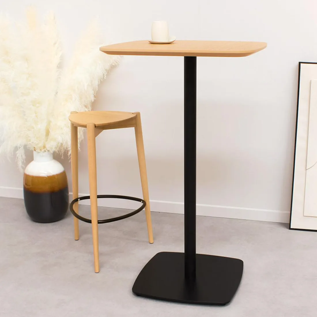 Table haute 'PATATI' en bois finition naturelle et métal blanc
