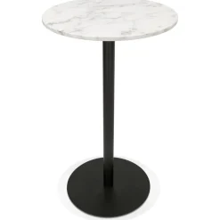 Table haute ronde 'CORY ROUND' en pierre blanche effet marbre et métal noir