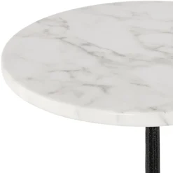 Table haute ronde 'DOMY ROUND' style rustique en pierre blanche effet marbre