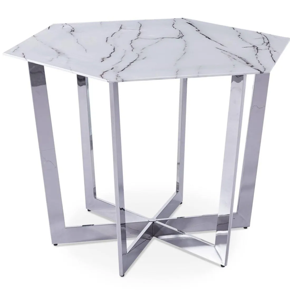 Table hexagonale 120cm Zadig Verre Effet marbre blanc et pied Métal Argent