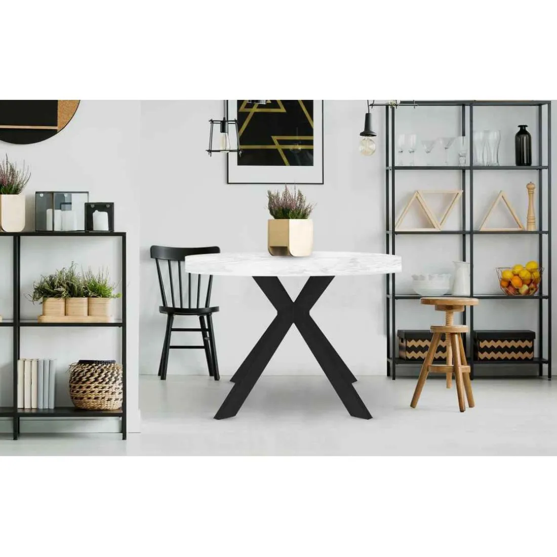 Table Ronde Extensible Noire Et Effet Marbre