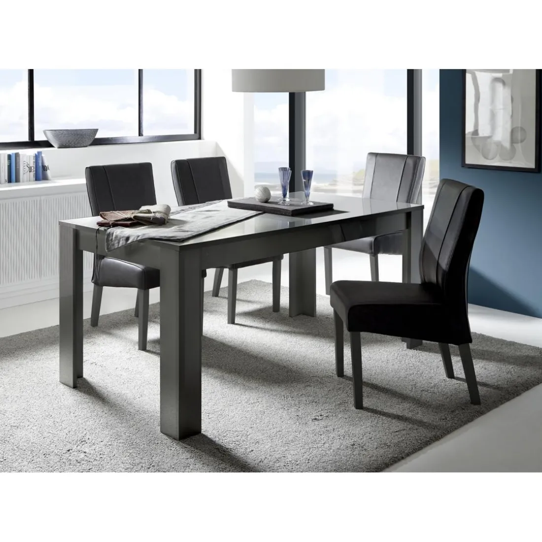 Table salle à manger extensible DANA laqué anthracite brillant