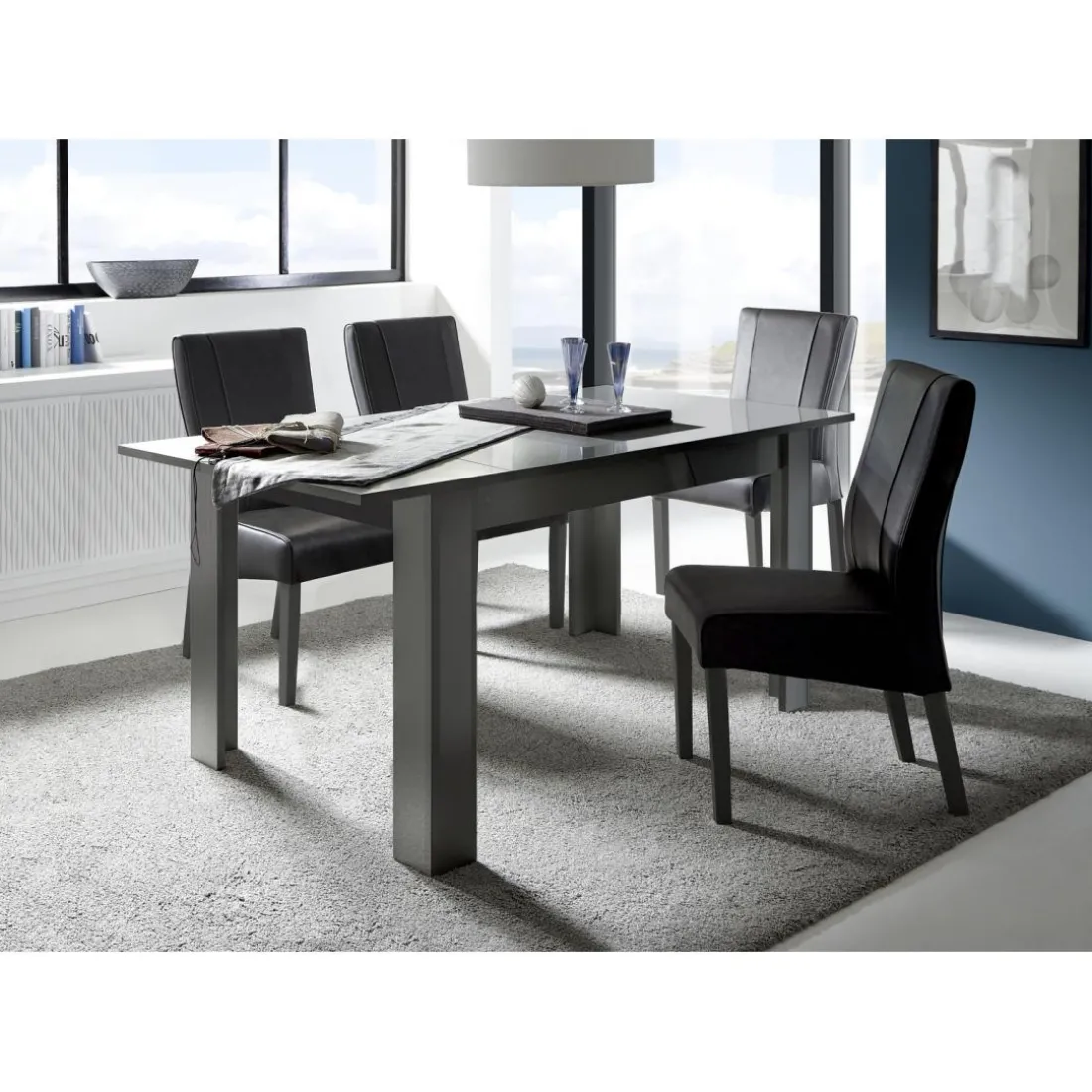 Table salle à manger extensible DANA laqué anthracite brillant
