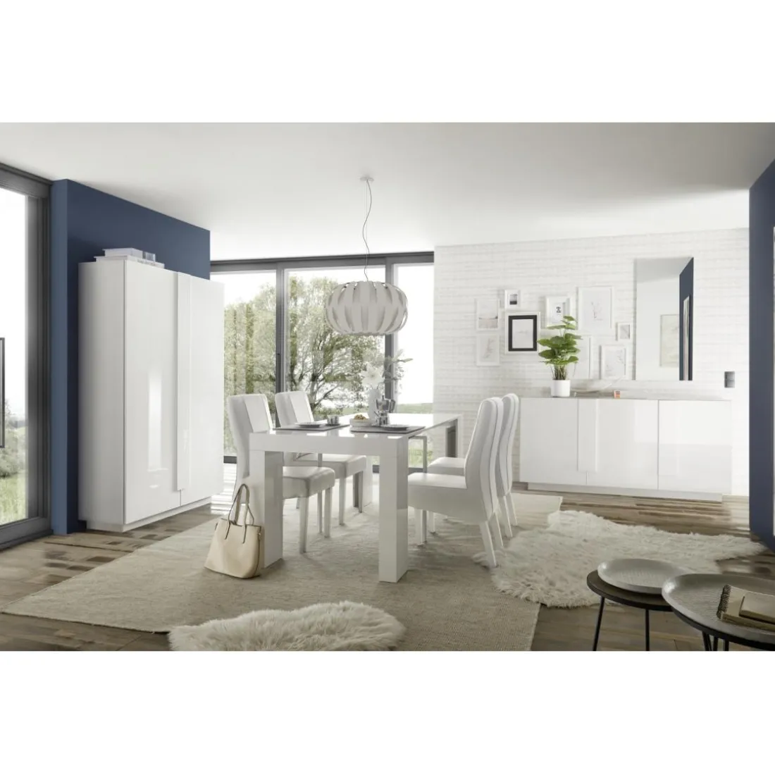 Table salle à manger extensible AMALFI laqué blanc brillant