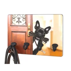 Tableau à clés en MDF avec impression par Ultra Violet chienet porte et 4 crochets clés en Métal laqué Noir
