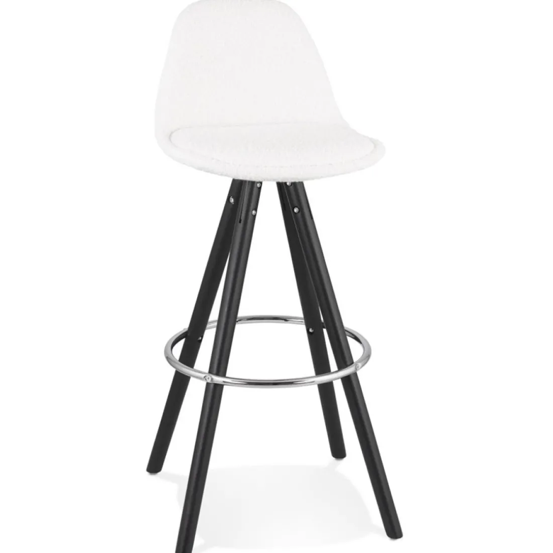 Tabouret de bar 'FLORENCE' en tissu bouloché blanc et 4 pieds en bois noir