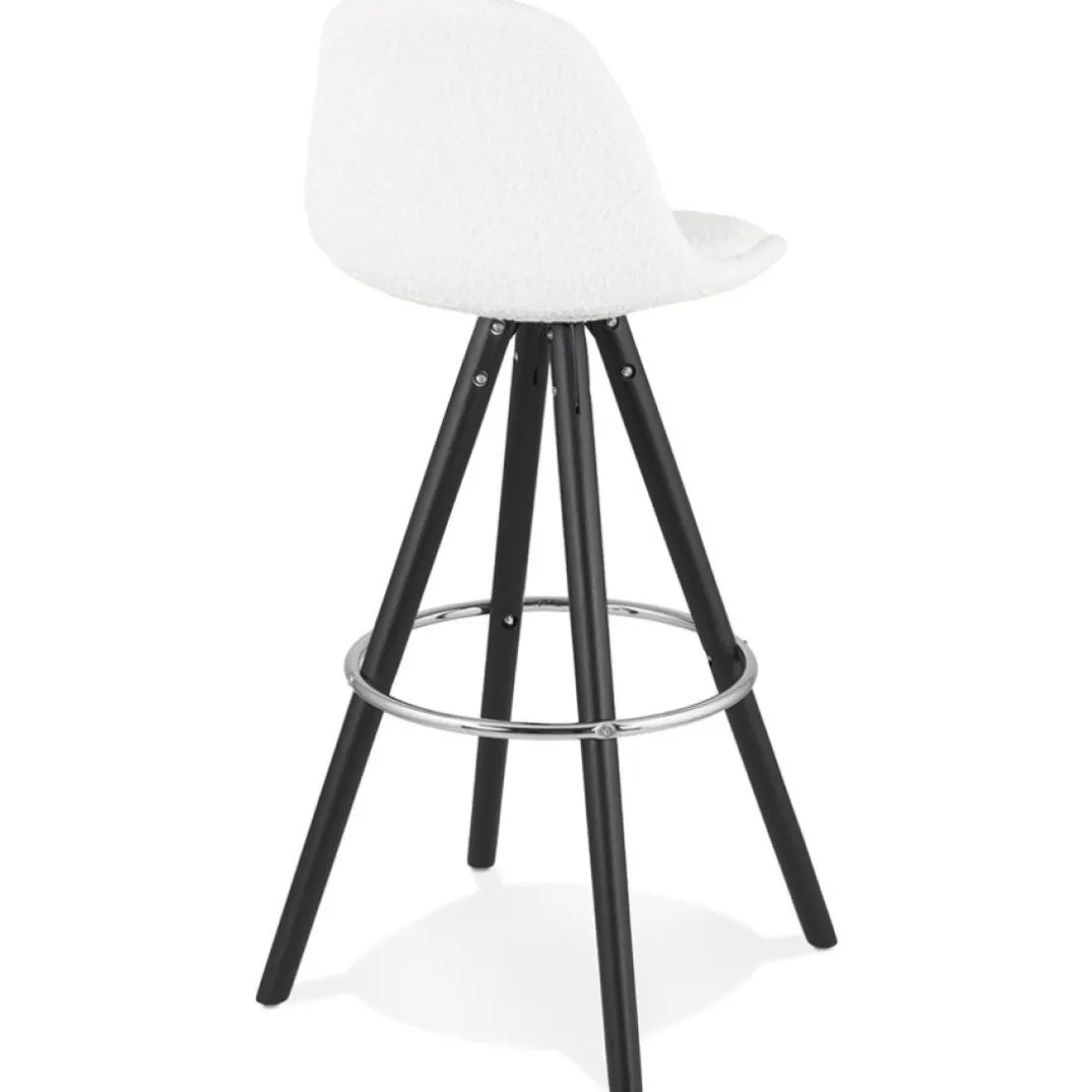 Tabouret de bar 'FLORENCE' en tissu bouloché blanc et 4 pieds en bois noir