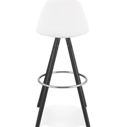 Tabouret de bar 'FLORENCE' en tissu bouloché blanc et 4 pieds en bois noir