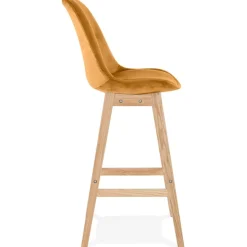 Tabouret de bar 'MORISS' en velours moutarde et pieds en bois naturel