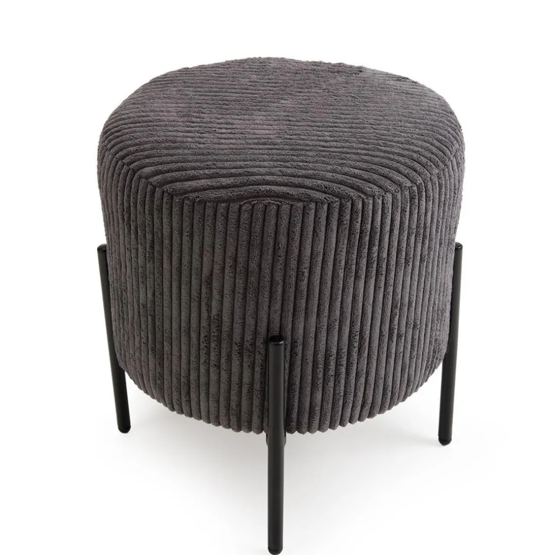 Tabouret Rond ALBANE Velours Cotelé Gris Anthracite Pieds Métal