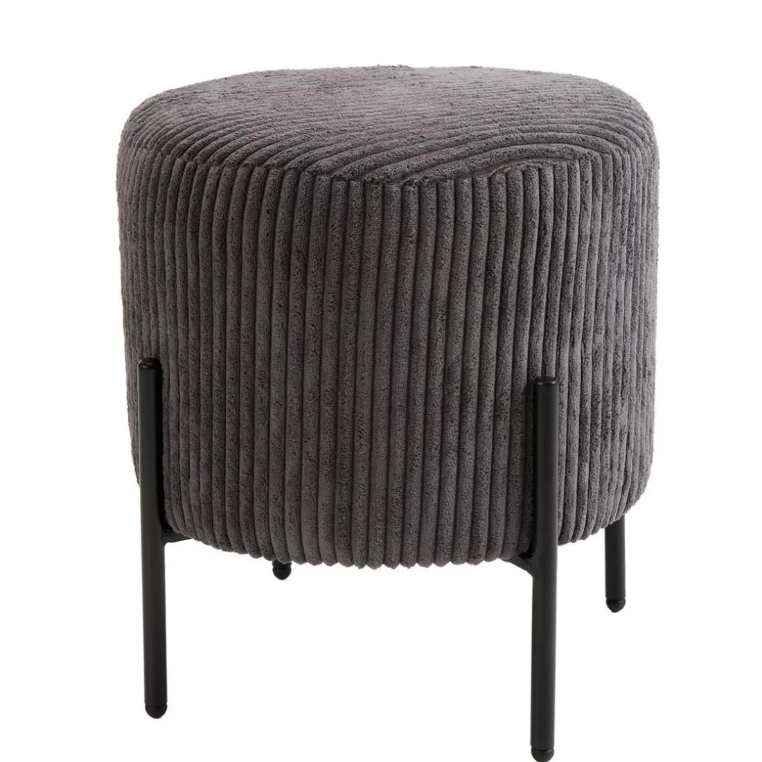 Tabouret Rond ALBANE Velours Cotelé Gris Anthracite Pieds Métal