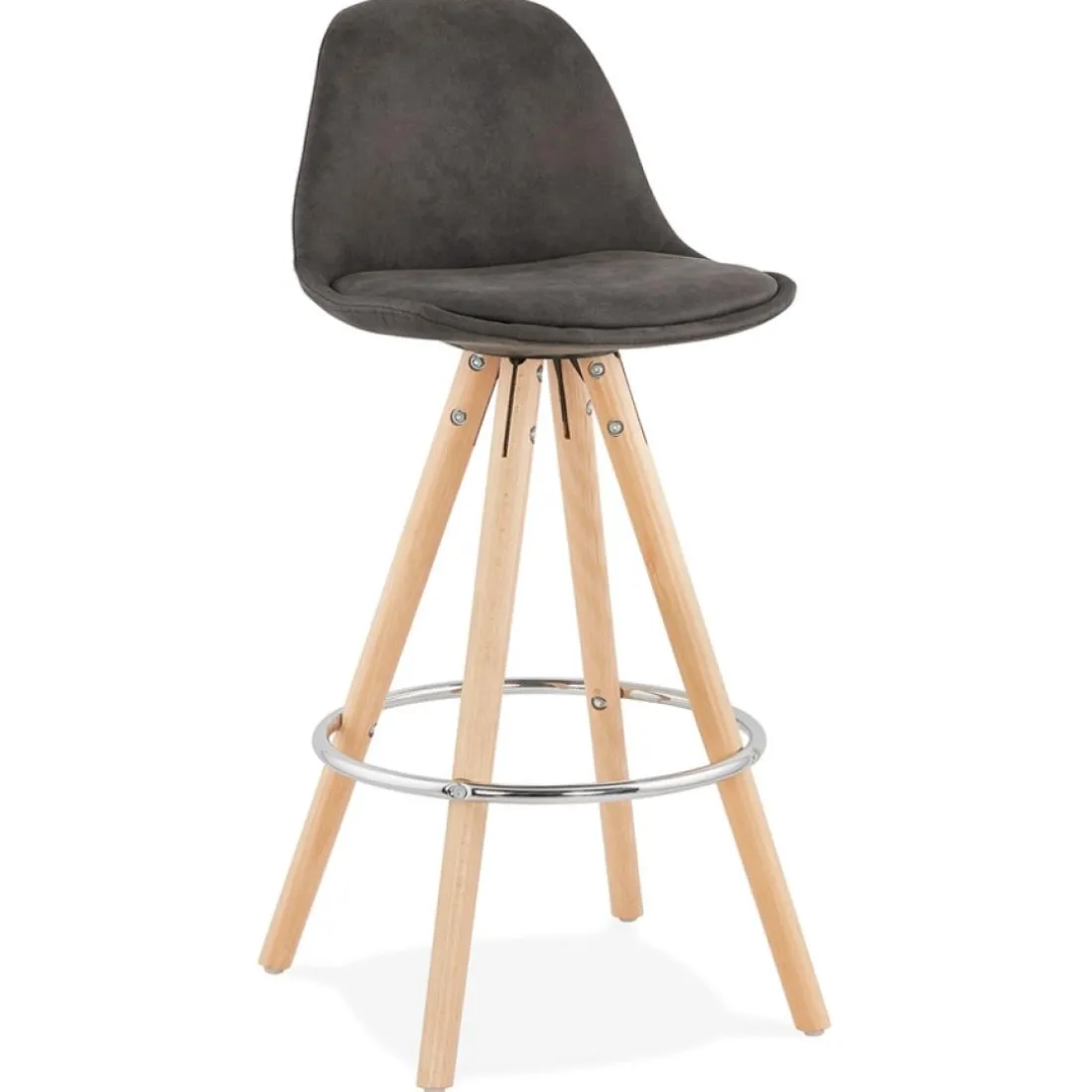 Tabouret snack mi-hauteur 'MARKA MINI' en microfibre grise et pieds en bois naturel