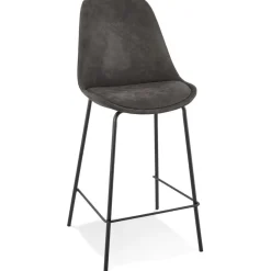 Tabouret snack mi-hauteur 'TAO MINI' en microfibre grise et pieds en métal noir