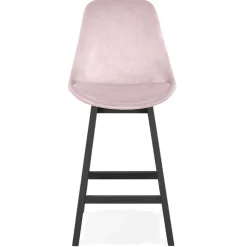 Tabouret snack mi-hauteur 'MORISS MINI' en velours rose et pieds en bois noir