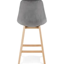 Tabouret snack mi-hauteur 'MORISS MINI' en velours gris et pieds en bois naturel