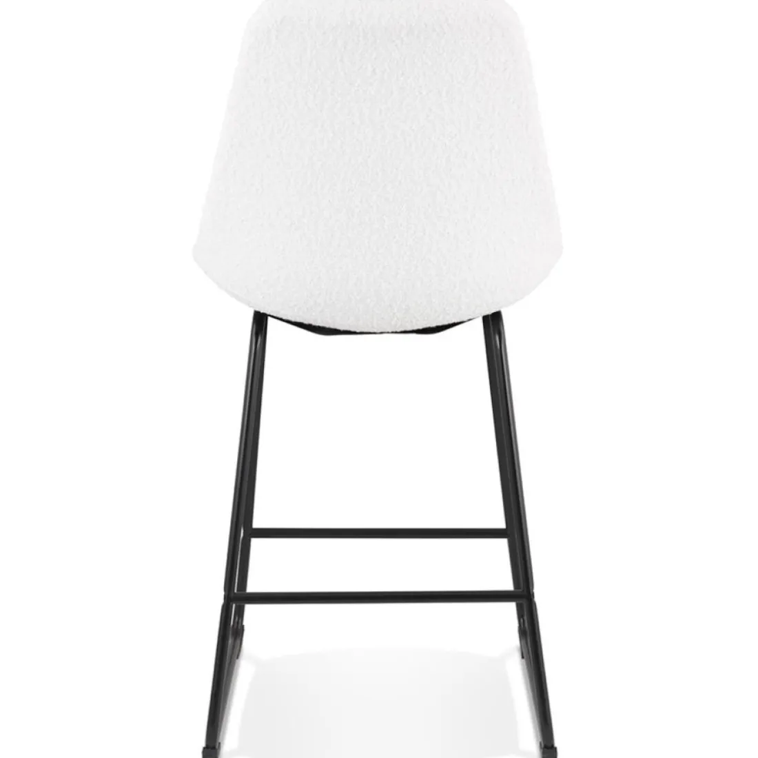 Tabouret snack mi-hauteur 'ALICE MINI' en tissu bouloché blanc et pied traineau en métal noir