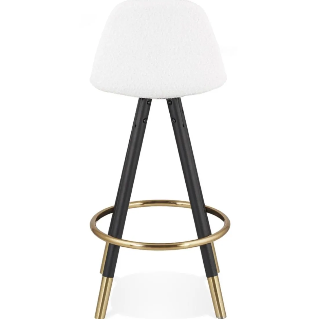 Tabouret snack mi-hauteur 'CLARISSE MINI' en tissu bouloché blanc et 4 pieds en bois noir