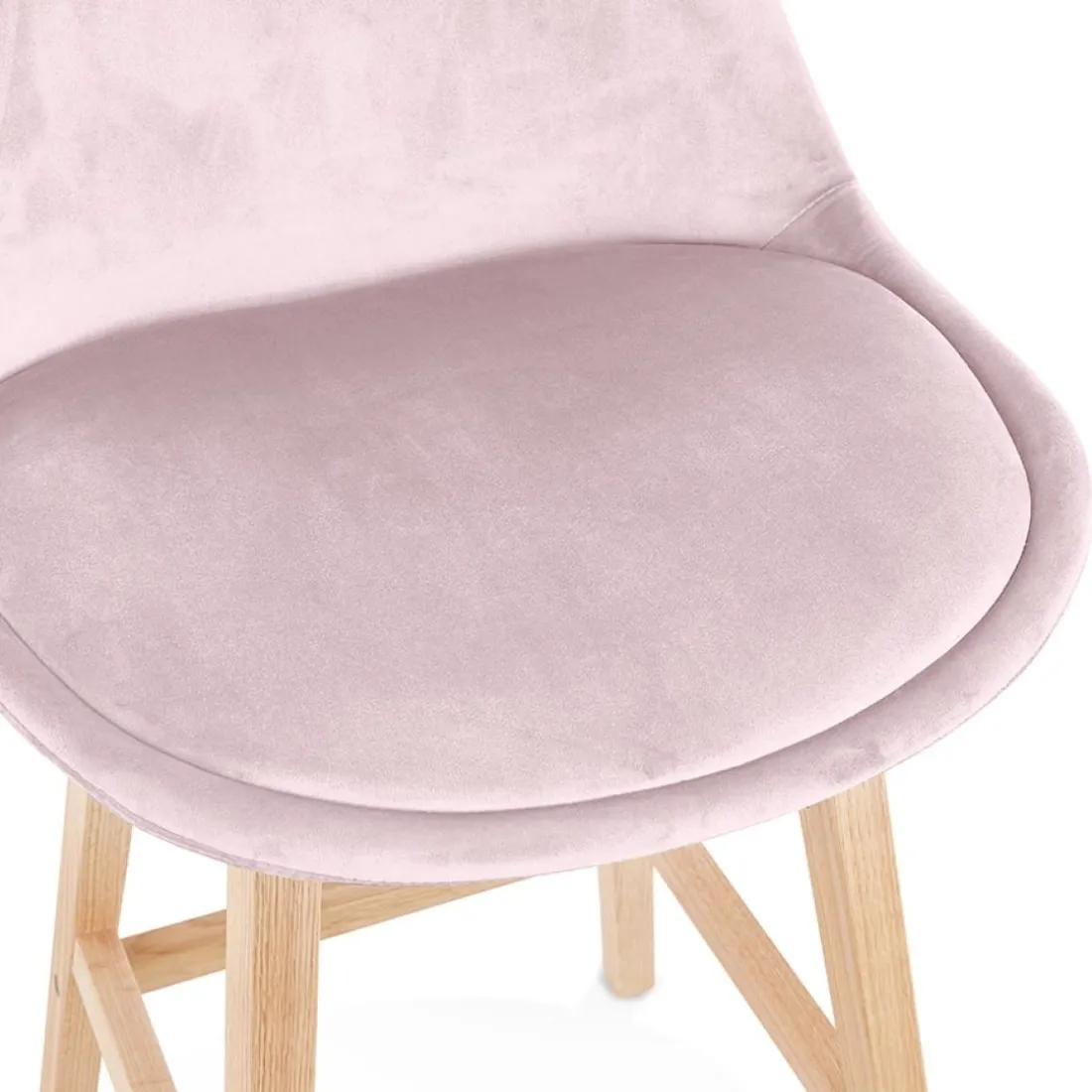 Tabouret snack mi-hauteur 'MORISS MINI' en velours rose et pieds en bois naturel