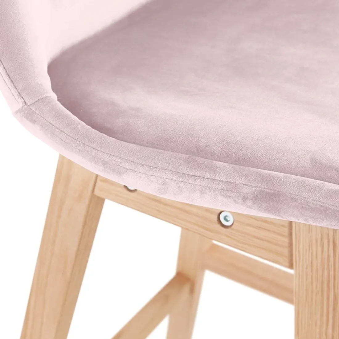 Tabouret snack mi-hauteur 'MORISS MINI' en velours rose et pieds en bois naturel