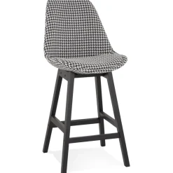 Tabouret snack mi-hauteur 'MORISS MINI' en tissu pied de poule et pieds en bois noir