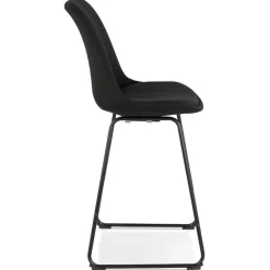 Tabouret snack mi-hauteur 'RIGO MINI' en tissu noir et pieds en métal noir