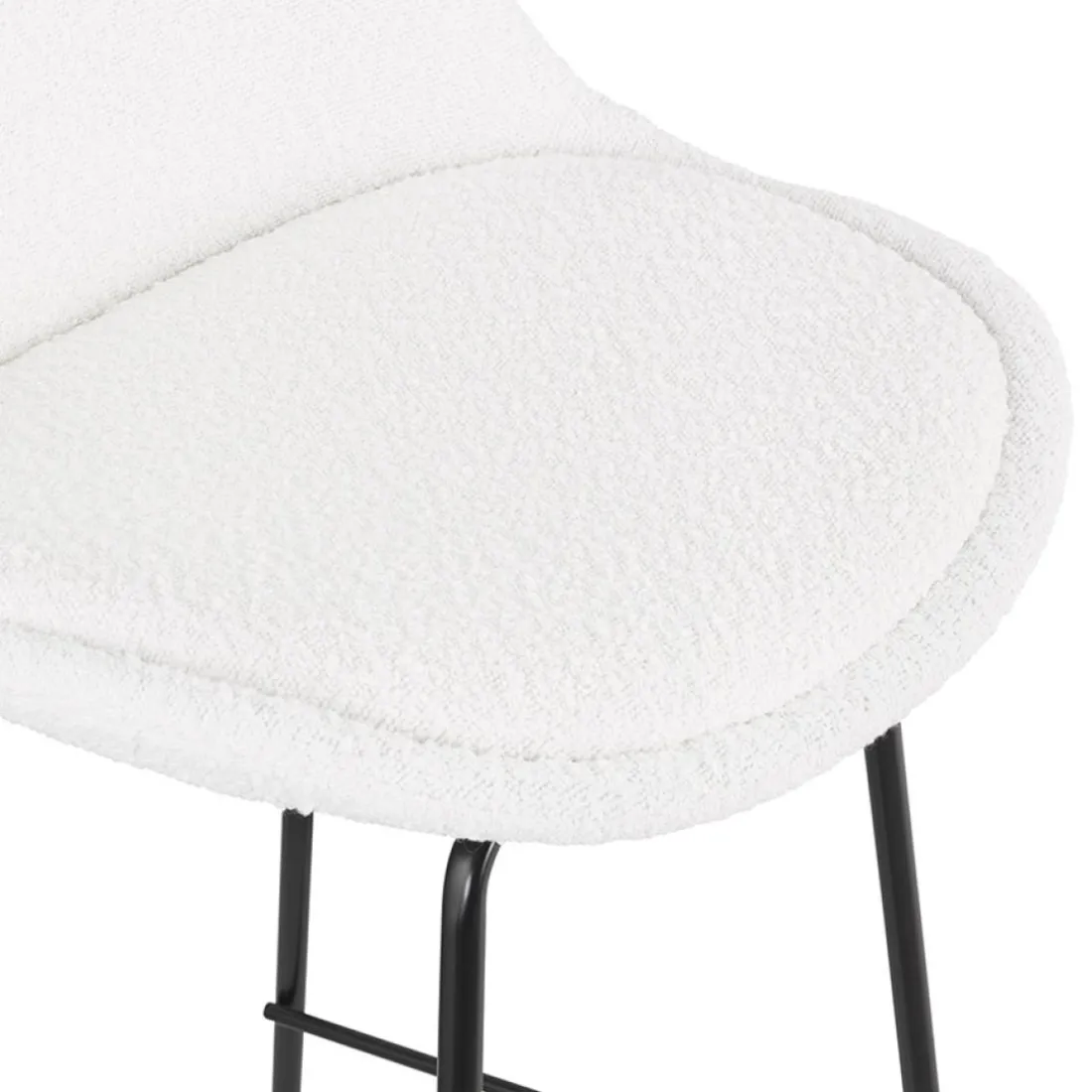 Tabouret snack mi-hauteur 'LEONIE MINI' en tissu bouloché blanc et pied en métal noir