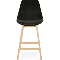 Tabouret snack mi-hauteur 'MORISS MINI' en velours noir et pieds en bois naturel