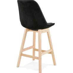 Tabouret snack mi-hauteur 'MORISS MINI' en velours noir et pieds en bois naturel