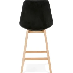 Tabouret snack mi-hauteur 'MORISS MINI' en velours noir et pieds en bois naturel