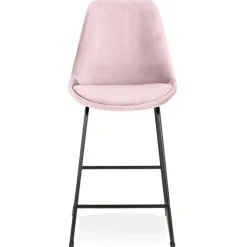 Tabouret snack mi-hauteur 'BULLY MINI' en velours rose et pieds en métal noir