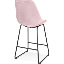 Tabouret snack mi-hauteur 'BULLY MINI' en velours rose et pieds en métal noir