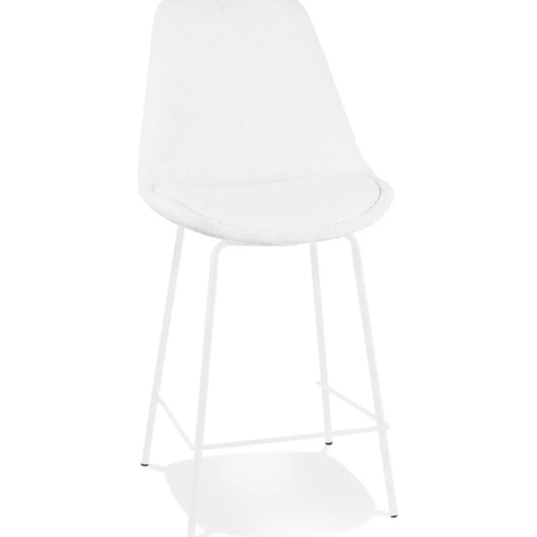Tabouret snack mi-hauteur 'LEONIE MINI' en tissu bouloché blanc et pied en métal blanc