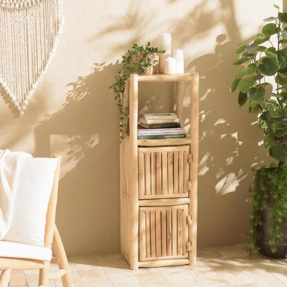Étagère 1 niveau et 2 portes en branches de teck naturel WILL Beige
