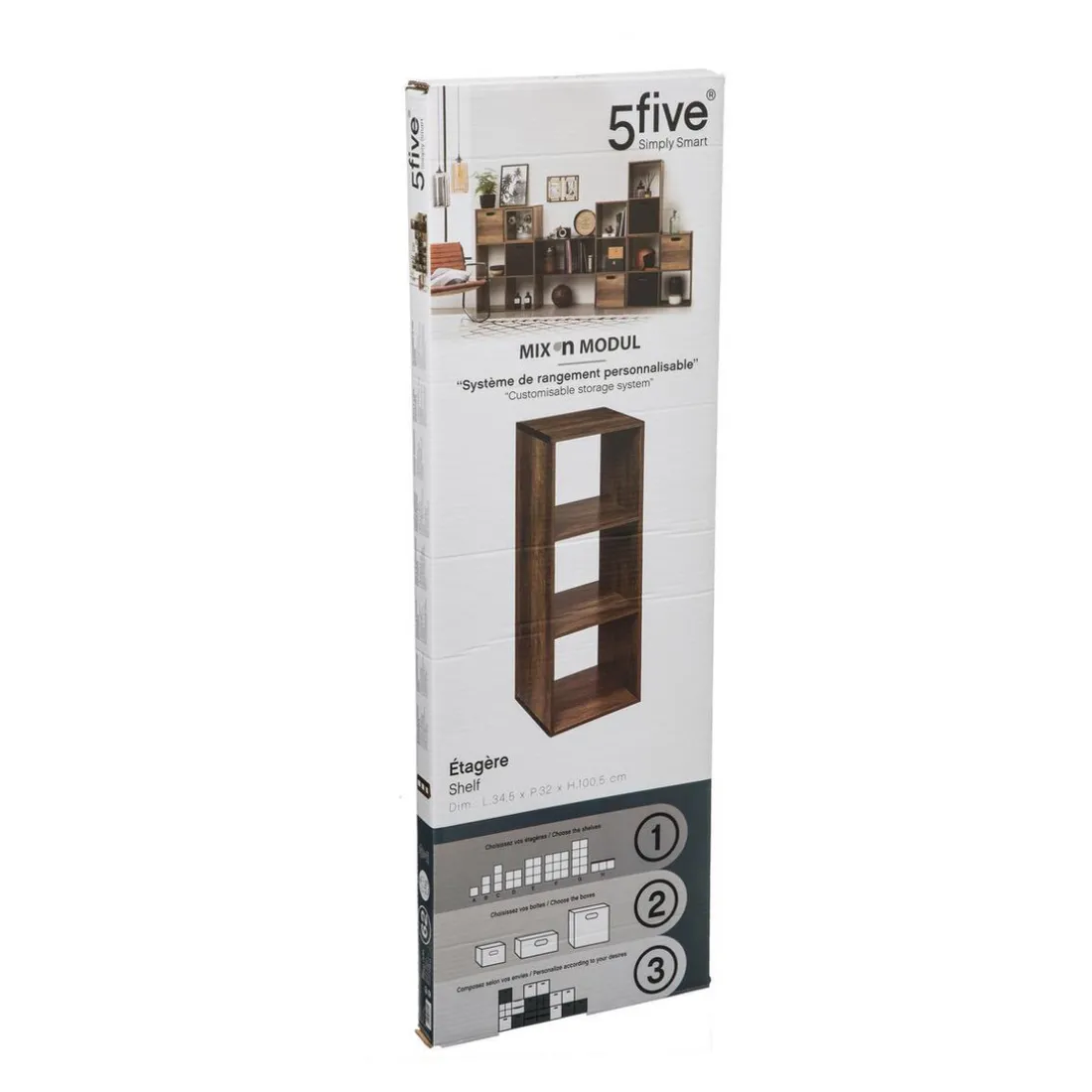 Étagère colonne 3 cases effet bois foncé