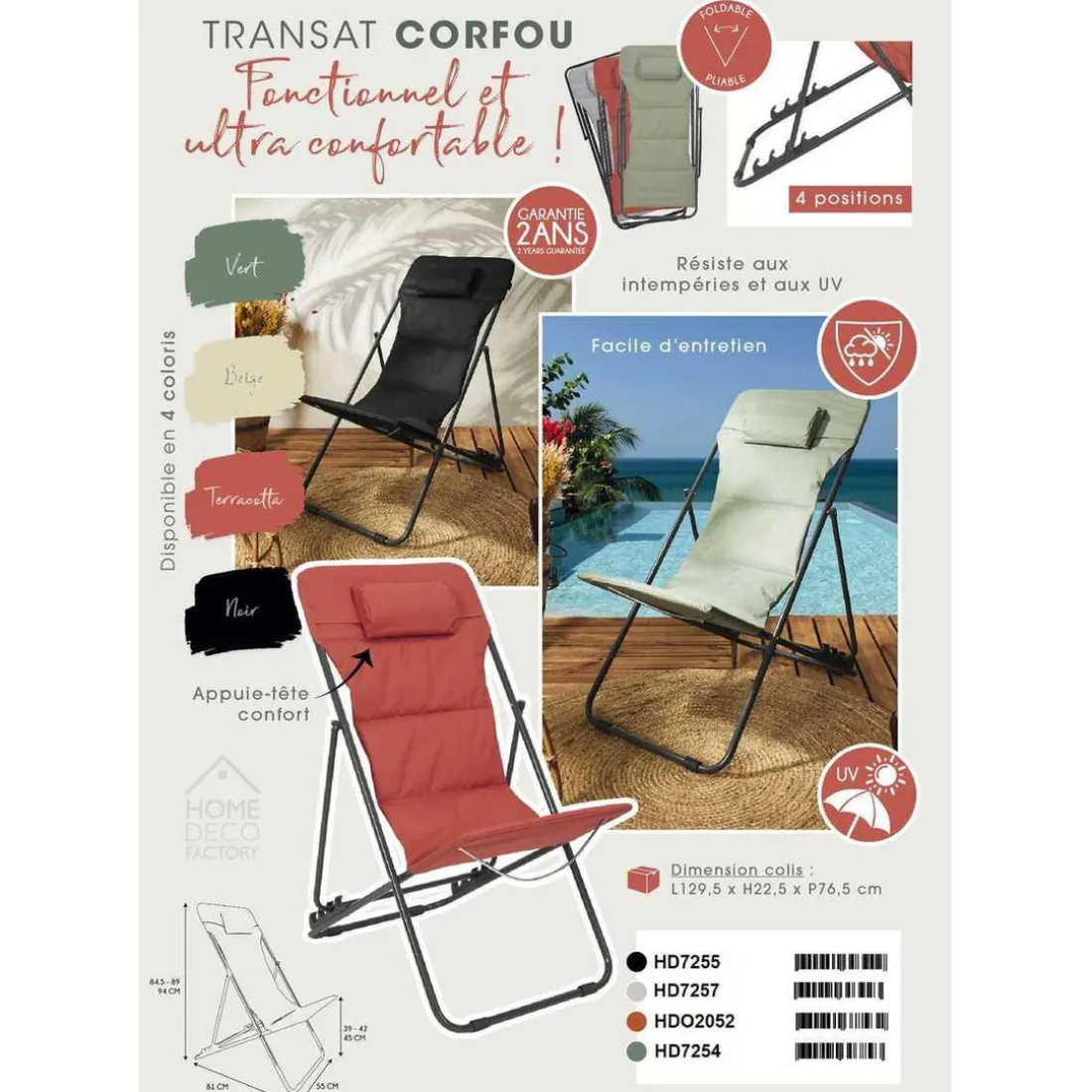Transat Pliant en Métal vert kaki