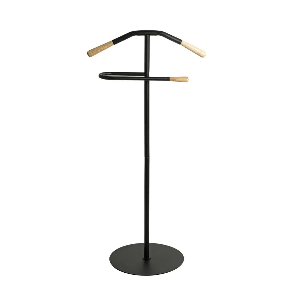 Valet en tube d'acier peint en noir par poudrage applications en bois massif naturel